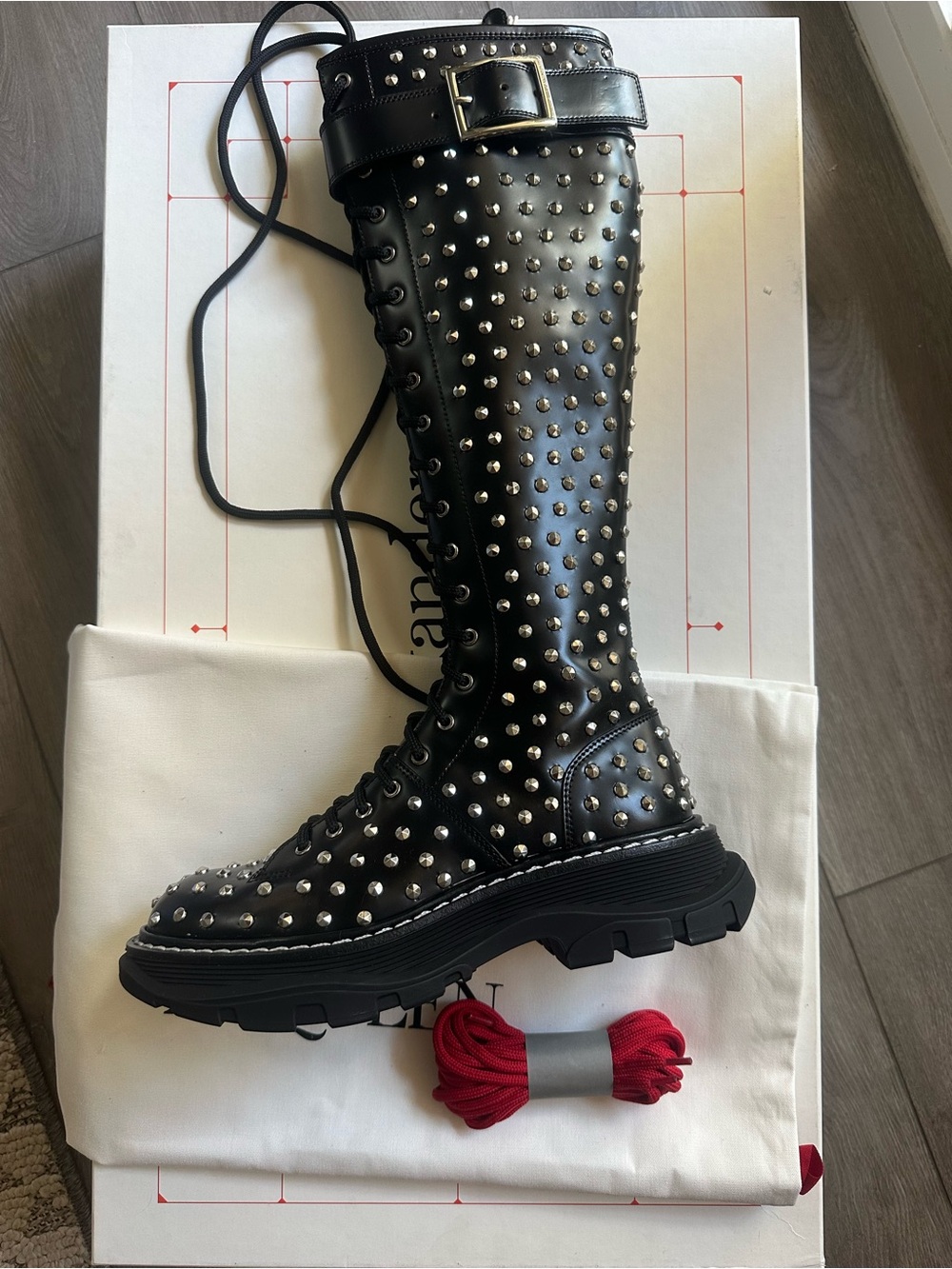 Alexander McQueen Black Studded Knee-High Lace-Up Boots